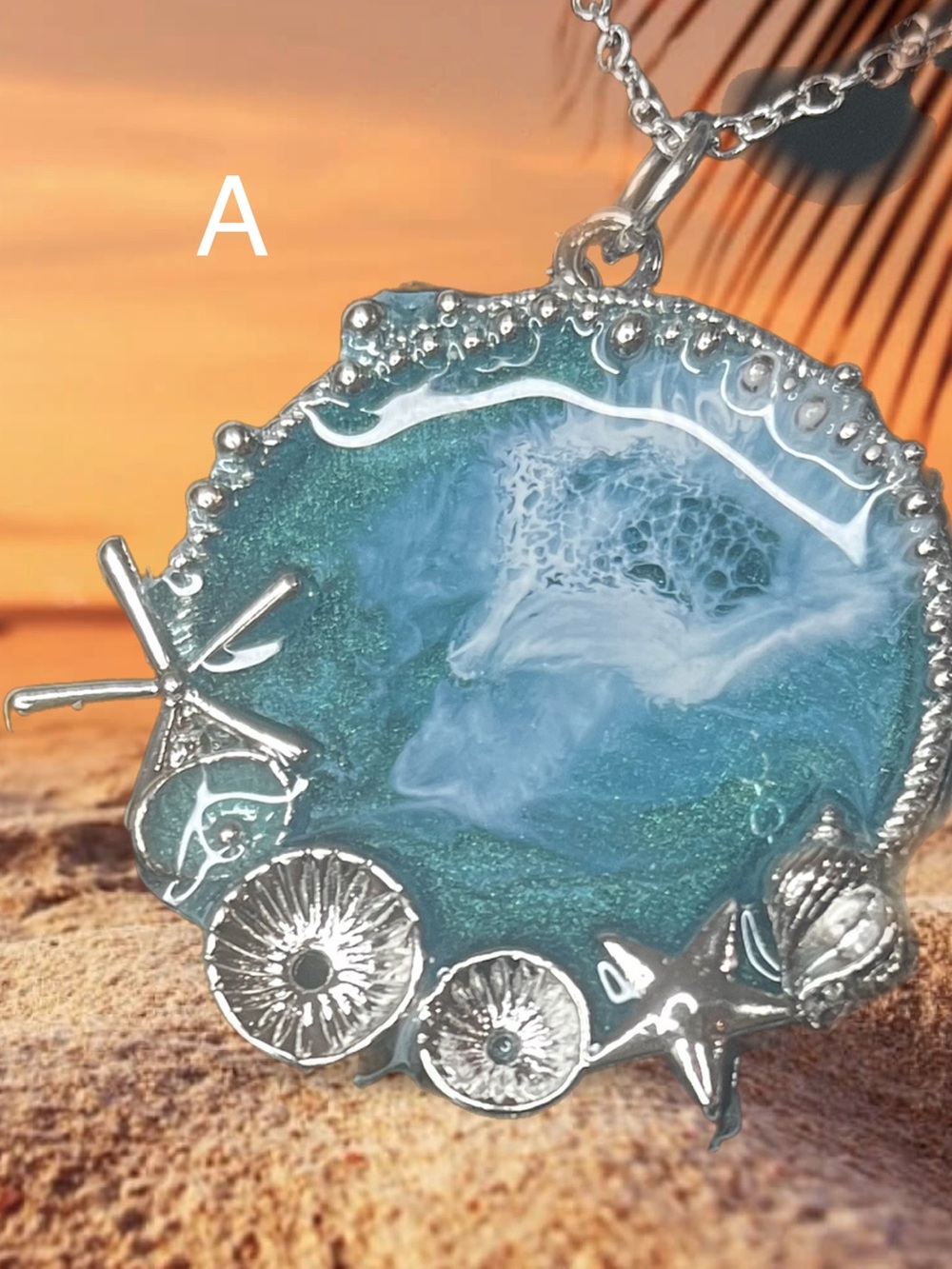 Ocean Blue Resin Pendant Necklace - Sea Life Accents - Picture 2 of 7